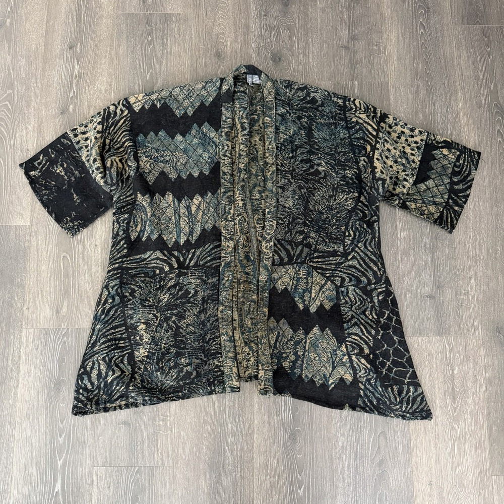 Anu by Natural Kimono Jacket Women XL Wool Black Green Abstract Boho Artsy Coat
